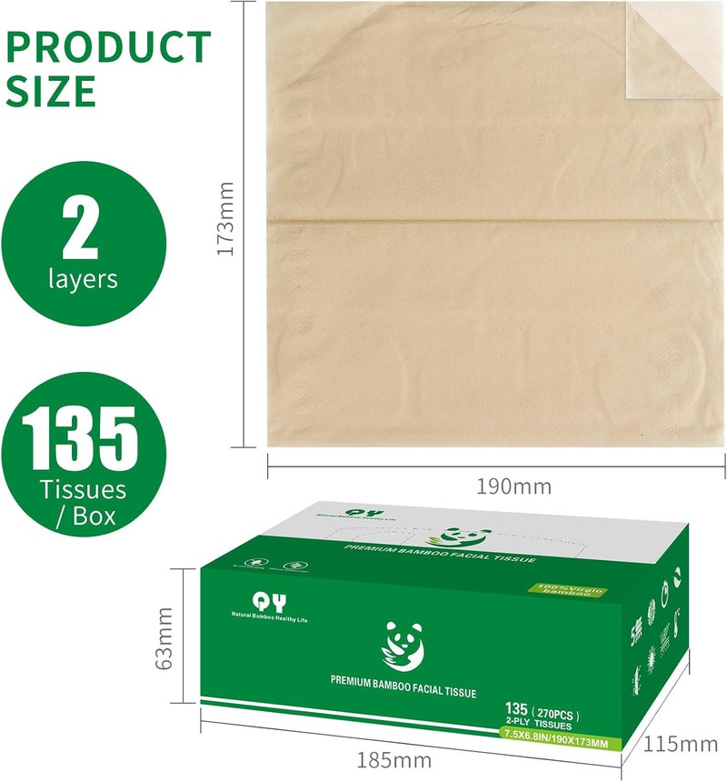 QINGYA Unbleached Bamboo Facial Tissues - 12 Boxes of 100% Natural, Hypoallergenic, 134 Sheets per Box, FSC Certified, Eco - Friendly, Ultra - Soft & Gentle for Everyday Home and Office Use - Image 2